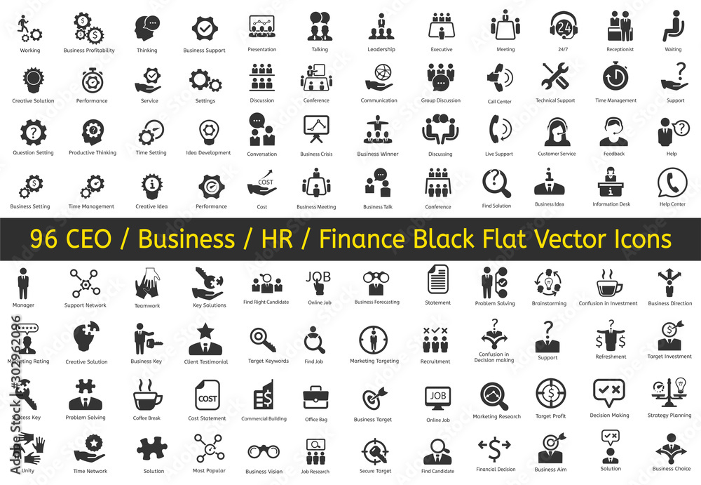 96 Ceo, HR, Business, Finance icons. Vector flat black icons. - obrazy, fototapety, plakaty 