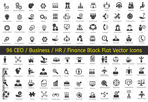 96 Ceo, HR, Business, Finance icons. Vector flat black icons.