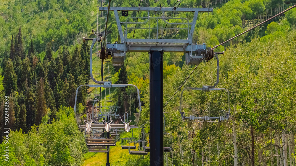 Panorama Chairlifts over abundant green trees and hiking trails during off season months