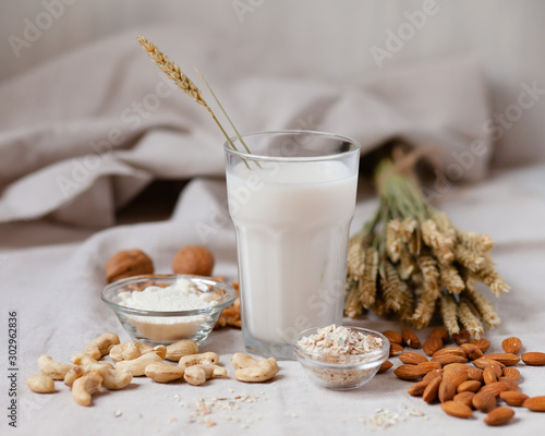 Fresh vegan alternative milk in big glass. Closeup, white background. Healthy vegetarian food concept, lactose free lifestyle. Almond, cachou, walnut, oatmeal, coconut to illustrate raw ingredients