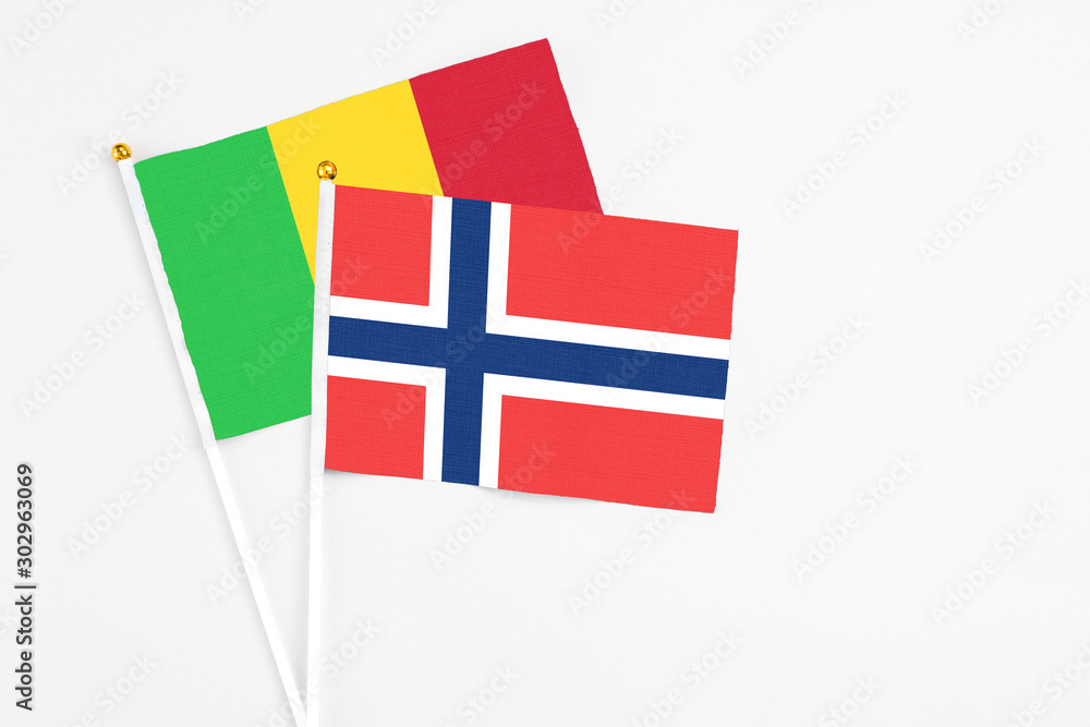 Norway and Mali stick flags on white background. High quality fabric, miniature national flag. Peaceful global concept.White floor for copy space.