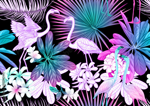 Tropical plants and flowers and birds. Seamless pattern, background. Colored and outline design. Vector illustration in neon, fluorescent colors. Isolated on black background..