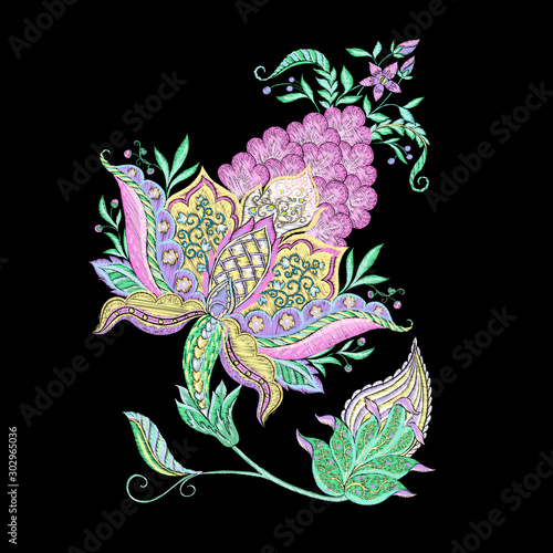 Elements for design. Fantasy flowers, traditional Jacobean embroidery style. Embroidery imitation. Vector illustration in neon colors isolated on black background..