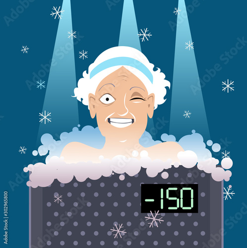 Senior woman undergoing a whole body cryotherapy treatment in a cryosauna, EPS 8 vector illustration, no transparencies	