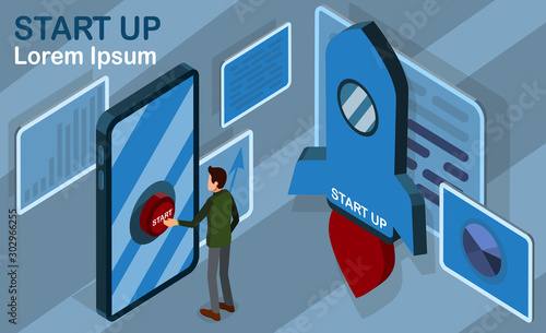 Isometric internet business startup launching process. Vector illustration.
