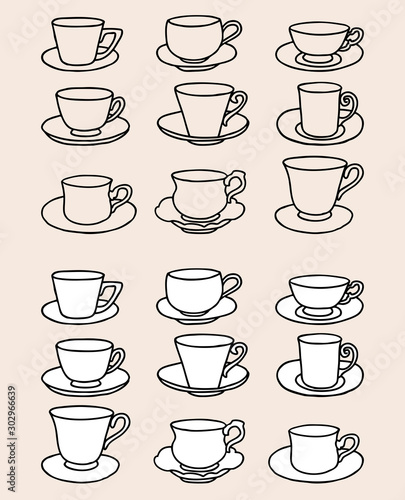 Vector image of set various outlines tea cups with saucer