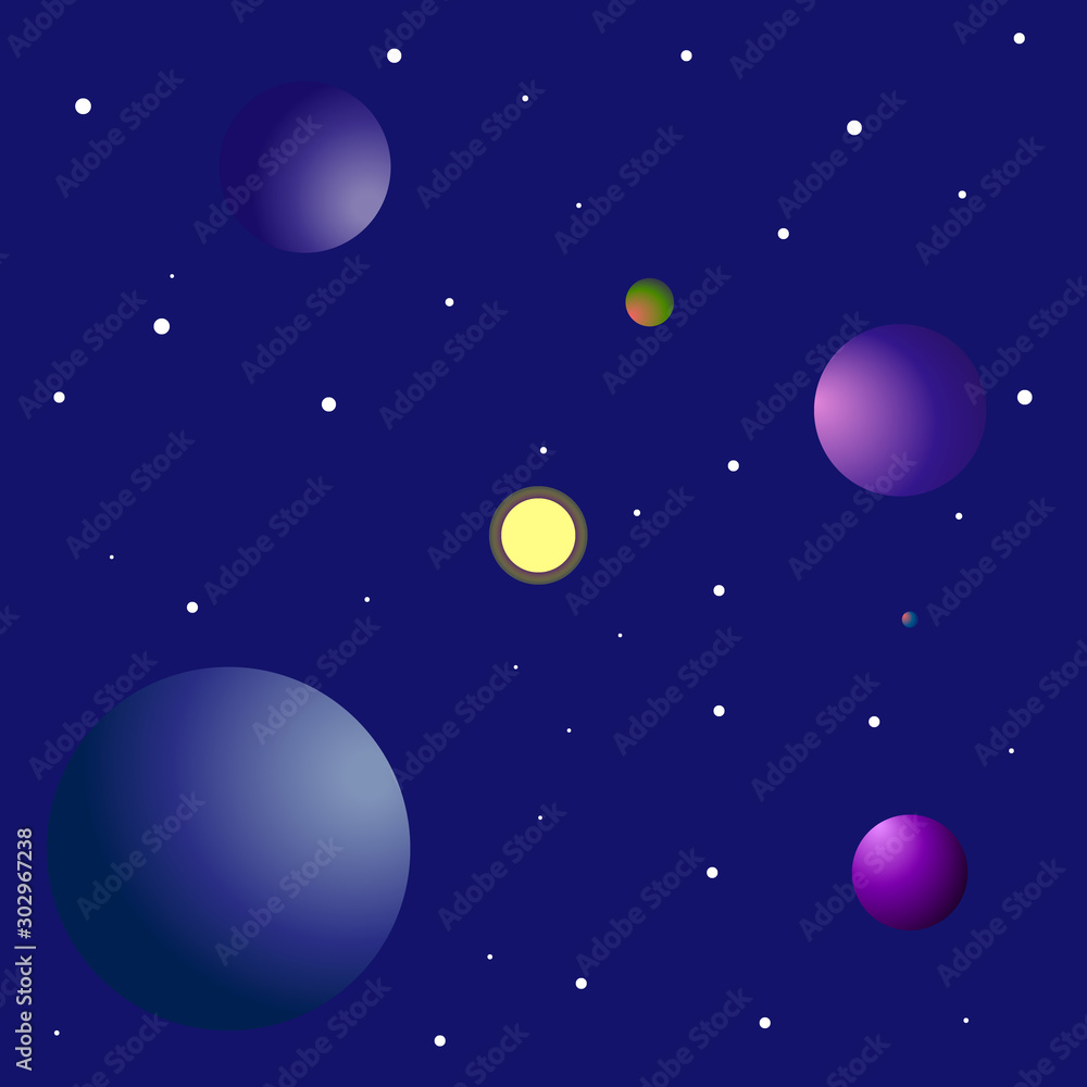 Vector illustration of outer space. Planets, stars, the radiance of the distant sun. The mystical atmosphere of an infinite universe.