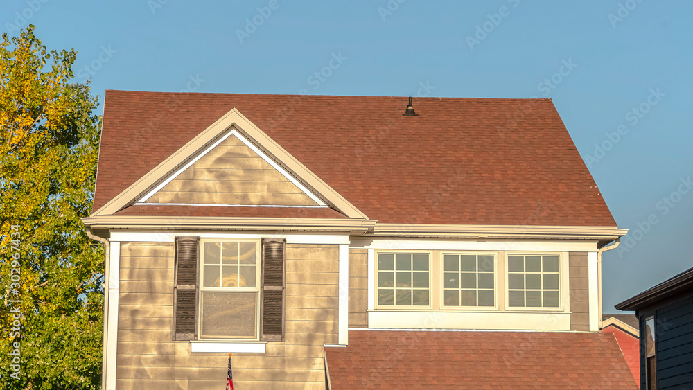 Panorama frame Modern home with sash window and shutters Panorama frame Modern home with sash window and shutters