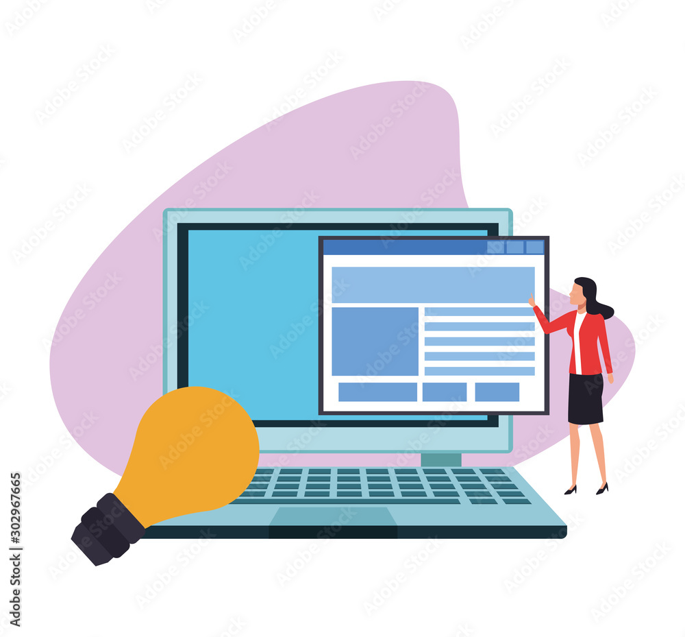 Fototapeta premium avatar businesswoman pointing a laptop computer and light bulb