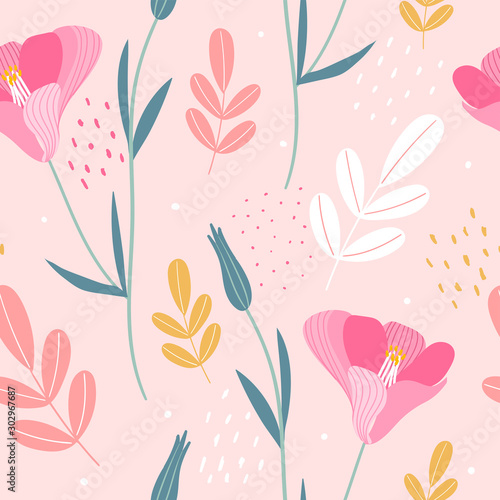 Hand drawn floral seamless pattern for print, textile, fabric. Modern flowers cute background.