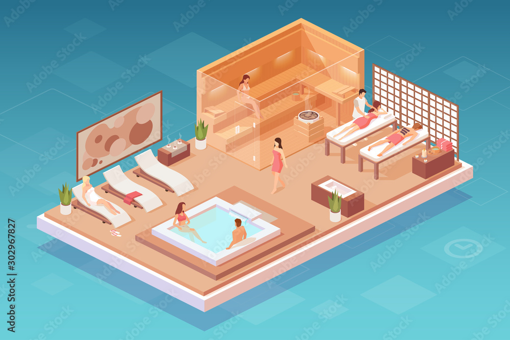 Vector of people relaxing in the spa