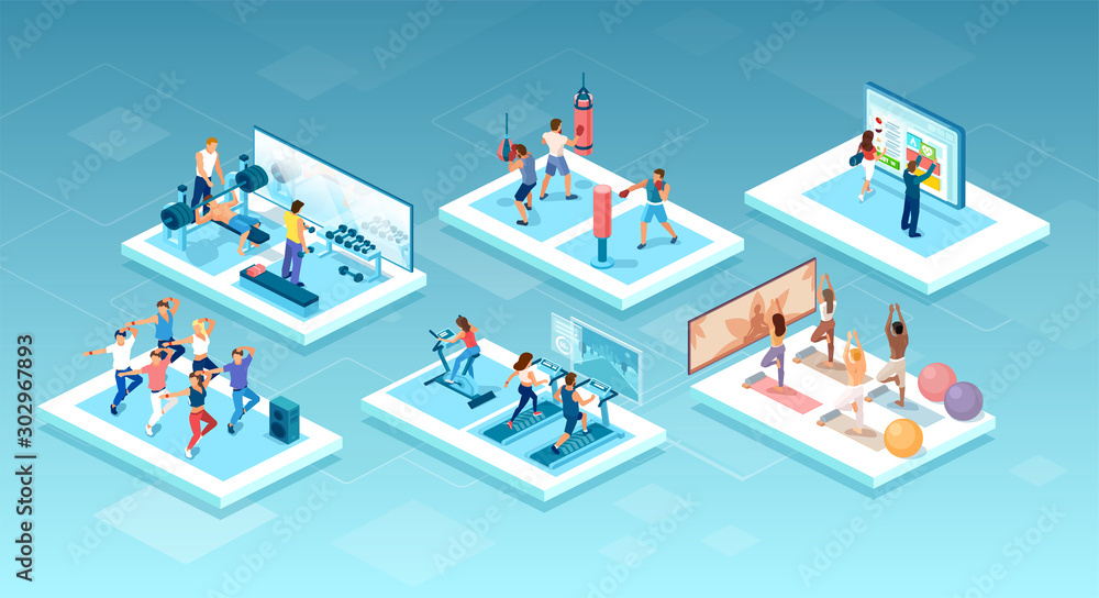 vector of people doing different workouts at the gym, fitness center