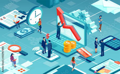 Vector of businesspeople working together offering professional financial services to clients