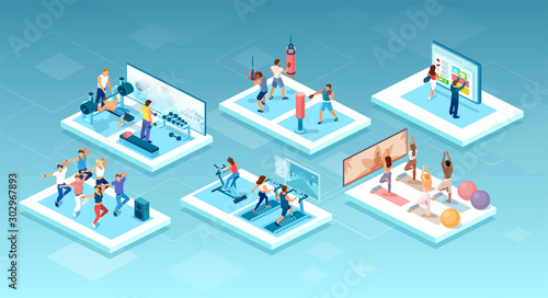vector of people doing different workouts at the gym, fitness center