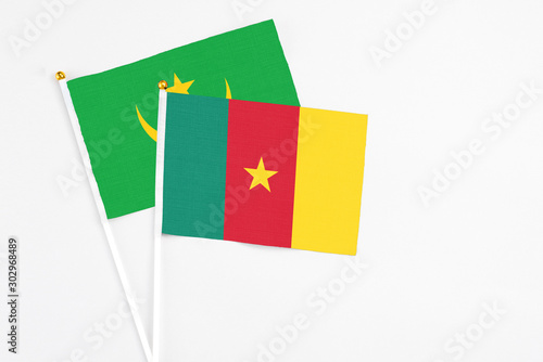 Cameroon and Mauritania stick flags on white background. High quality fabric  miniature national flag. Peaceful global concept.White floor for copy space.