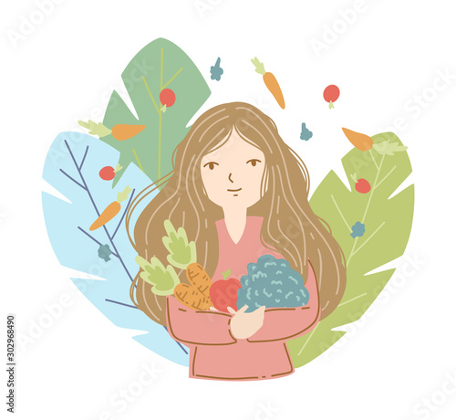 organic fresh healthy meal - health care activity concept beautiful girl flat art style vector element holding vegetable in her arms in pastel soft color for relaxing feeling