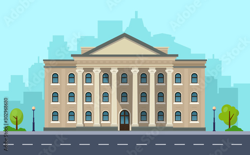 University building facade, bank or government institution in city skylines. Architecture building with columns. Vector illustration. photo