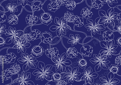 Hazelnut. Imitation of traditional Japanese embroidery Sashiko. Spring flowers. Seamless pattern, background. Vector illustration. On navy blue background..
