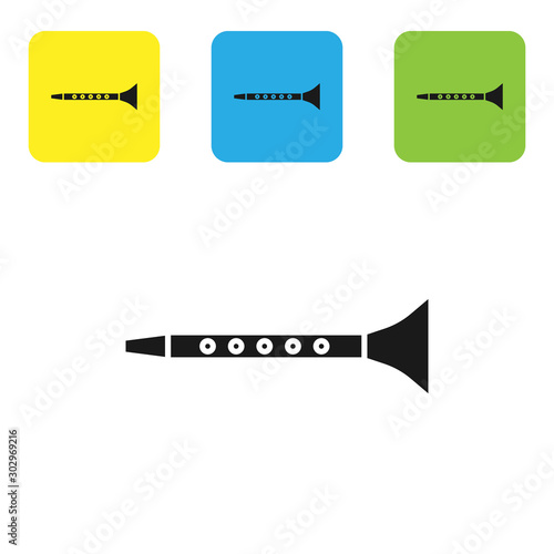 Black Clarinet icon isolated on white background. Musical instrument. Set icons colorful square buttons. Vector Illustration