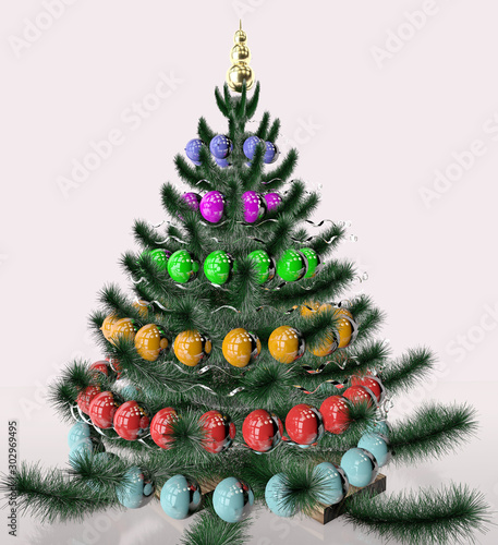 3d illustration of decorated christmas tree wity toys garland and tinsel design photo