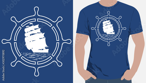Vector. Silhouette of a three-masted ship inscribed in the steering wheel. Corvette comes with a roll under full sails.