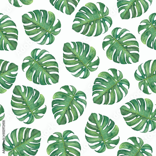 Tropical watercolor seamless pattern with leaves