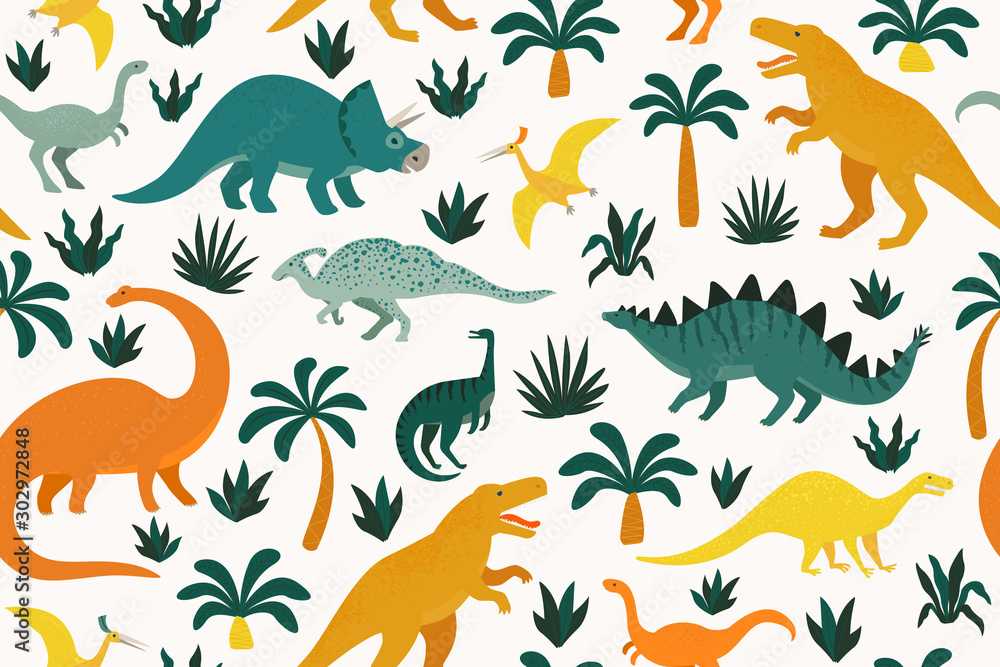 Hand drawn seamless pattern with dinosaurs and tropical leaves and flowers. Perfect for kids fabric, textile, nursery wallpaper. Cute dino design. Vector illustration.