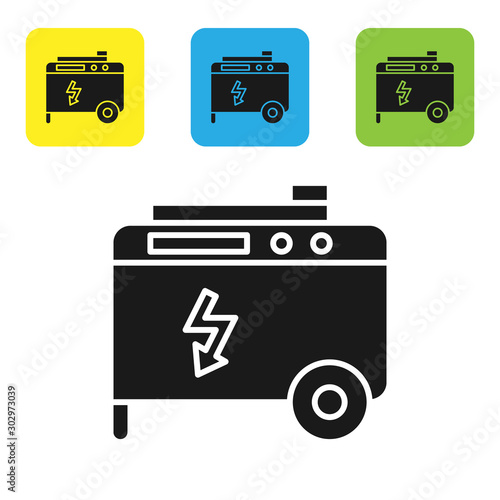 Black Portable power electric generator icon isolated on white background. Industrial and home immovable power generator. Set icons colorful square buttons. Vector Illustration