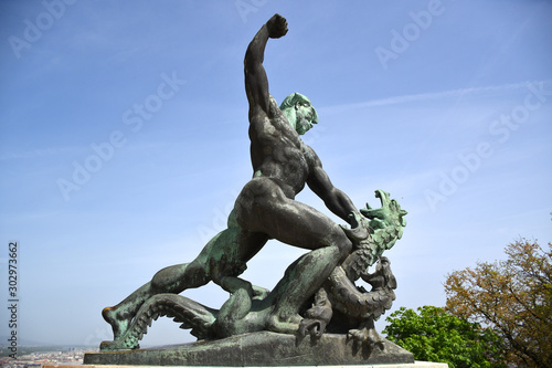 Canvas Print Landmark the bronze Dragon-Killing right-hand at Citadella in Budapest