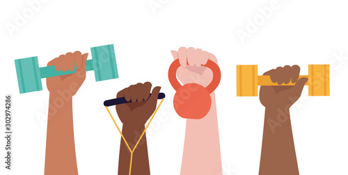 Hands hold dumbbells on white background and Healthy Lifestyle title. Sport revolution concept. Vector colorful illustration in flat design.