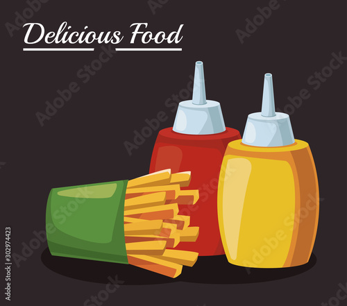 french fries and sauces bottles, colorful design