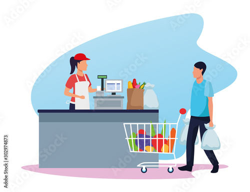 avatar supermarket worker at cash register and customer with a supermarket car full of groceries