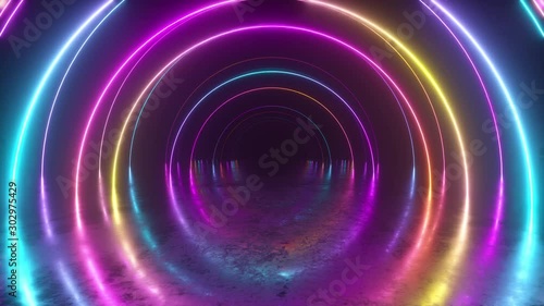 Infinity flight inside tunnel, neon light abstract background, round arcade, portal, rings, circles, virtual reality, ultraviolet spectrum, laser show, metal floor reflection. Seamless loop 3d render