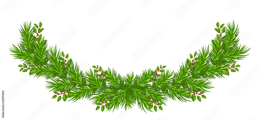 New year greeting card wreath / garland of Christmas tree branches with holly, red berries. New Year's decor.Isolated New year greeting card wreath / garland of Christmas tree branches with holly, red berries. New Year's decor.Isolated