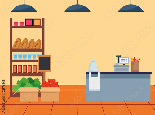 supermarket stand with groceries and cash register, colorful design