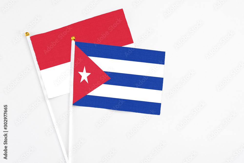 Cuba and Monaco stick flags on white background. High quality fabric, miniature national flag. Peaceful global concept.White floor for copy space. Cuba and Monaco stick flags on white background. High quality fabric, miniature national flag. Peaceful global concept.White floor for copy space.