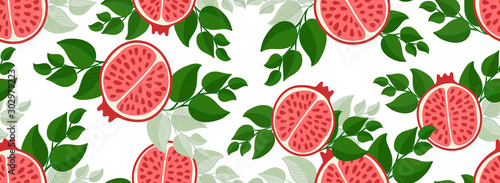 Fototapeta Naklejka Na Ścianę i Meble -  Sketched Hand drawn pomegranate seamless pattern print on t-shirt, wallpaper of children's room, fruit background. Fresh Piece of pomegranate with seeds, green leaves isolated on a white background.
