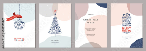 Merry Christmas and Bright Corporate Holiday cards. Modern abstract creative universal artistic templates.