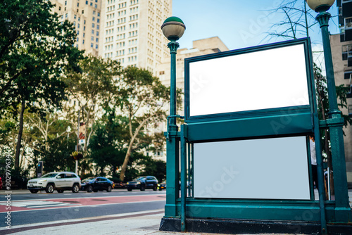 Photography New York City Subway entrance with Clear empty billboard with copy space area fo