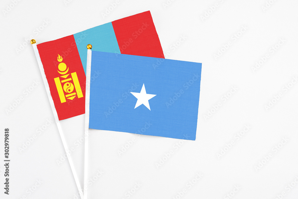 Somalia and Mongolia stick flags on white background. High quality fabric, miniature national flag. Peaceful global concept.White floor for copy space. Somalia and Mongolia stick flags on white background. High quality fabric, miniature national flag. Peaceful global concept.White floor for copy space.