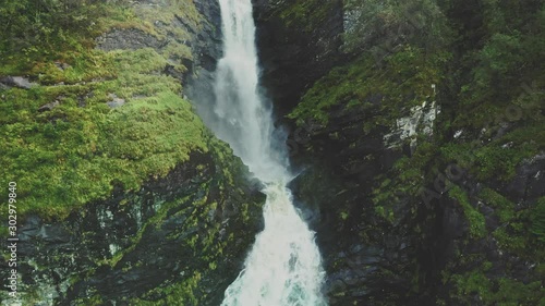 Waterfall Huldefossen landscape in Norway aerial view travel serene scenery mountain wilderness nature  photo