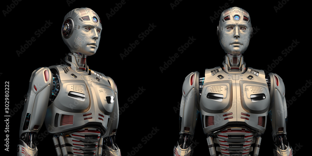 Two identical and very detailed futuristic robots or humanoid cyborgs standing near each other. Upper body in different angle views. Isolated on black background. 3d render Two identical and very detailed futuristic robots or humanoid cyborgs standing near each other. Upper body in different angle views. Isolated on black background. 3d render