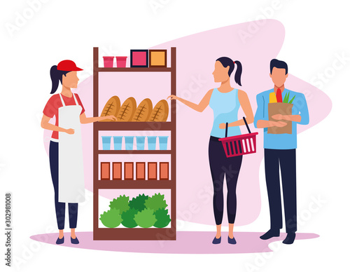 avatar supermarket worker helping a customers at stand with groceries