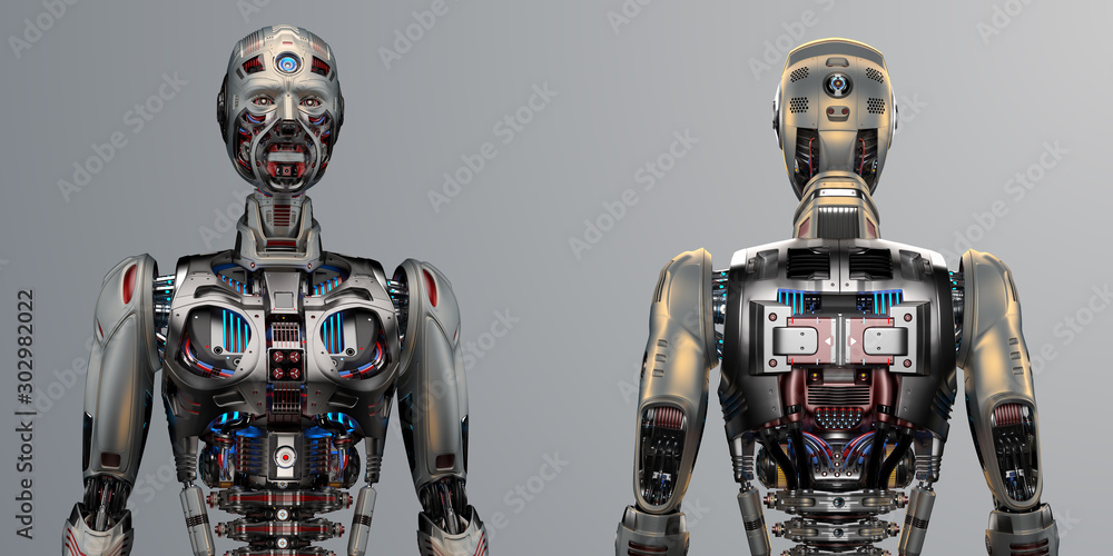 Two very detailed futuristic robots or humanoid cyborgs. Front and back views of the upper body. Isolated on color background. 3d render Two very detailed futuristic robots or humanoid cyborgs. Front and back views of the upper body. Isolated on color background. 3d render