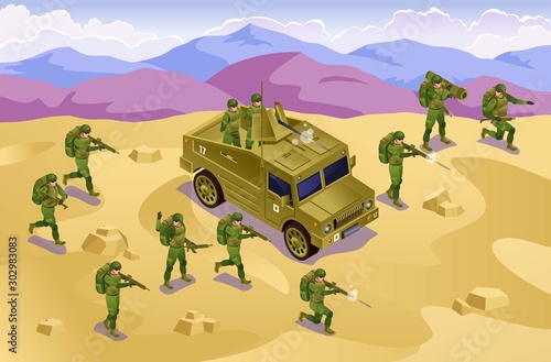 Attack Soldiers of Modern Army isometric icons on isolated background