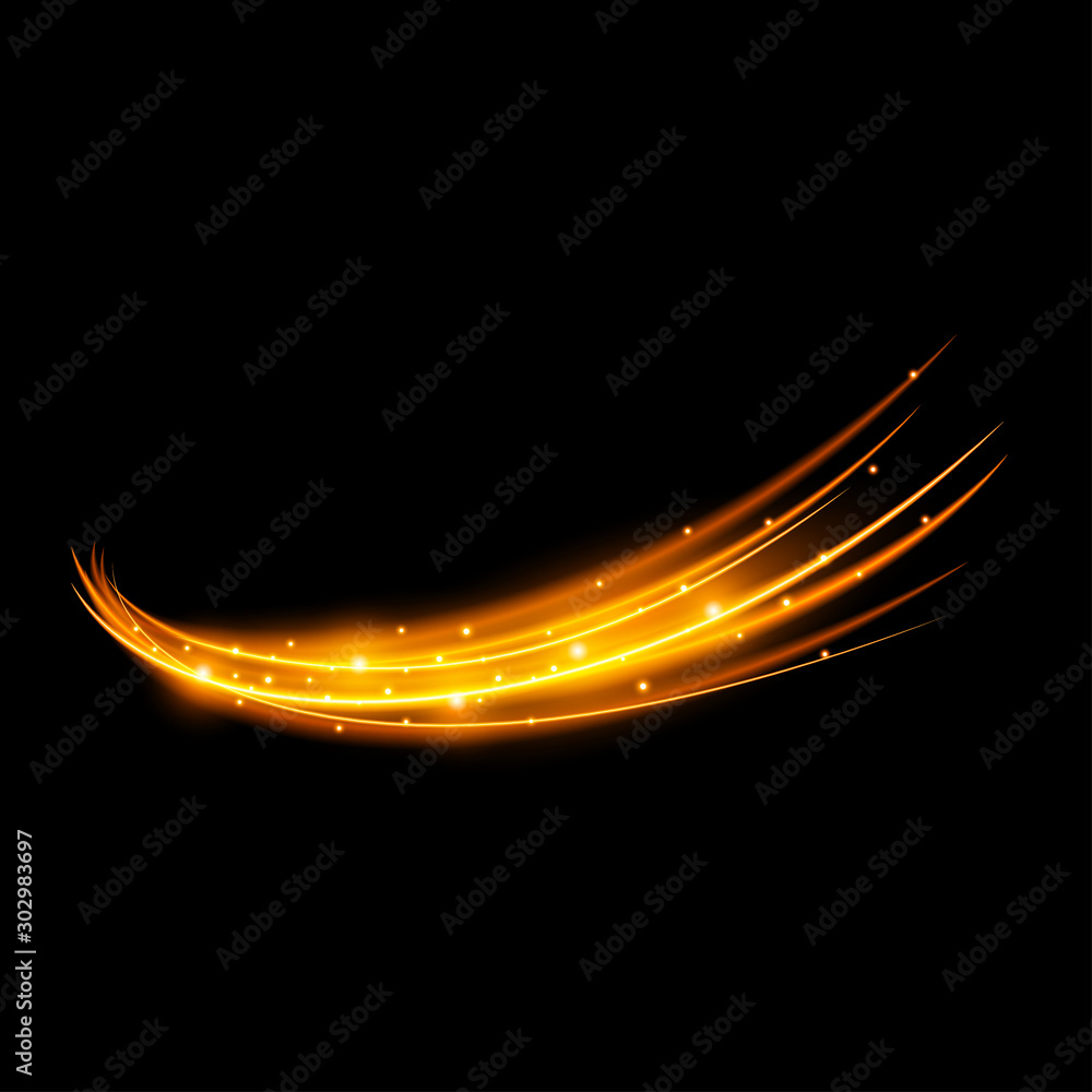 Light effect with curve trail and golden sparkles on black background Light effect with curve trail and golden sparkles on black background