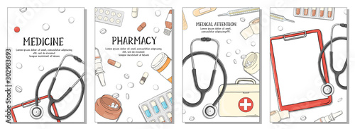 Set of posters on the theme of health. Medicines, medical equipment and pills on white background.