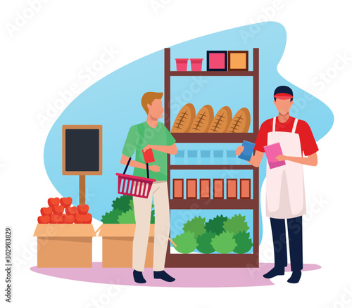 avatar supermarket worker helping a customer at supermarket aisle