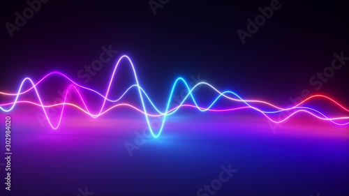 Colorful bright neon glowing graphic equalizer. Ultraviolet signal spectrum, laser show, energy, sound vibrations and waves. Seamless loop 3d render photo