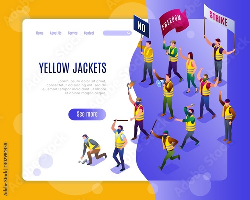 Landing Page Yellow jackets on demonstration isometric icons on isolated background